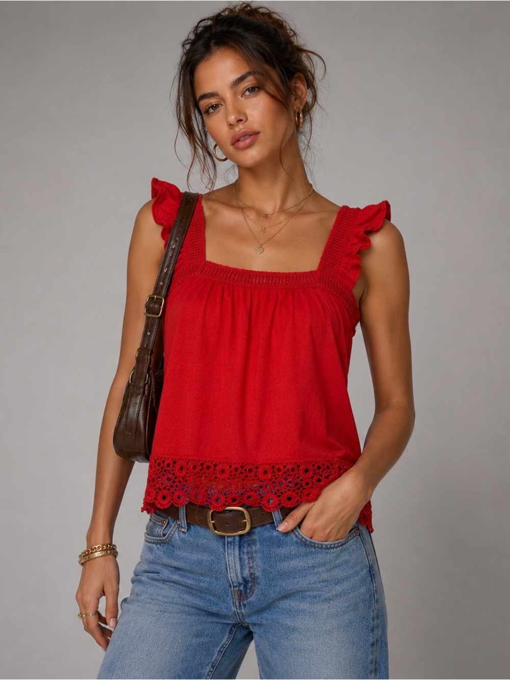Elle Solid Red Orange Ruffle-Strap Crochet-Hem Camisole Tank Top Cotton size M